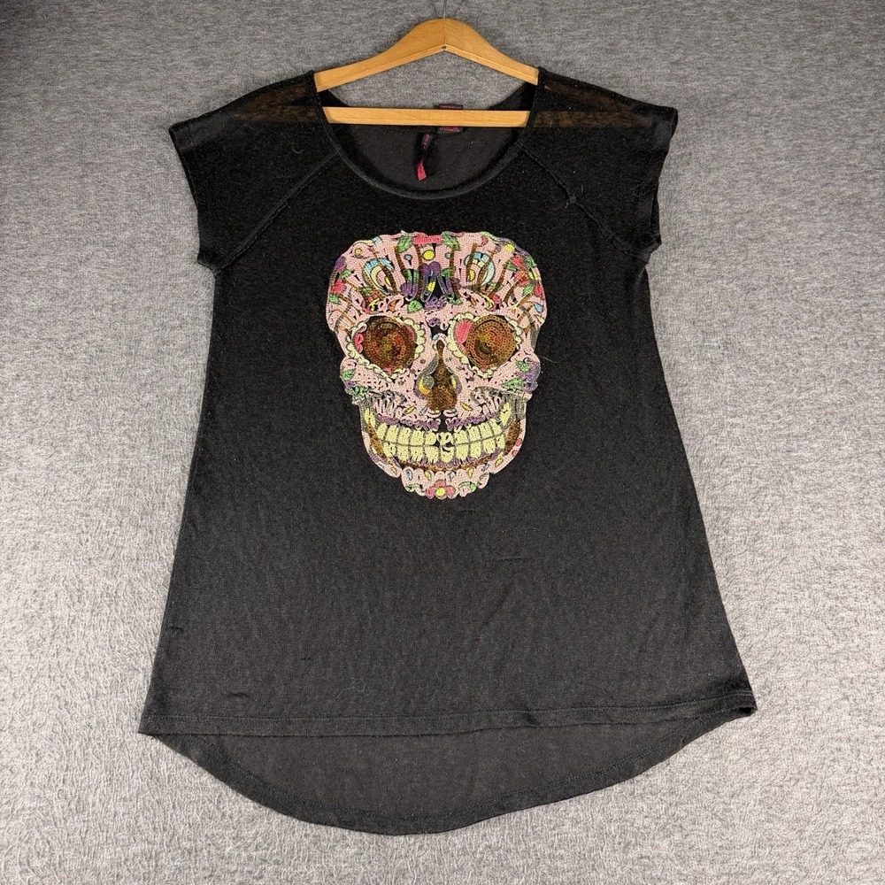 Women's L Sparkle Skull Day of the Dead SS Top Halloween Holiday T-shirt Sheer